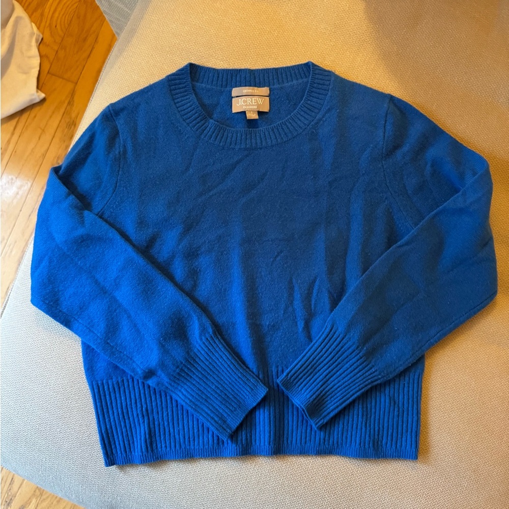 J. Crew Women's Cashmere, Cobalt Blue Cropped Crew Neck Sweater